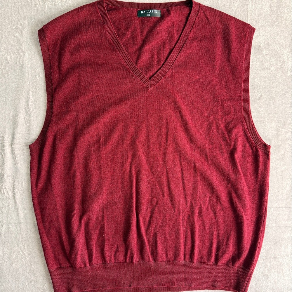 Kallspin Mens XXL Red‎ V-Neck Sleeveless Sweater Vest Cashmere Wool Blend